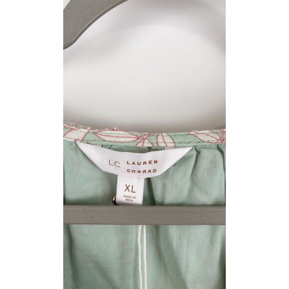 LC Lauren Conrad Womens Peacock Floral Wrap Blouse Short Sleeve XL Green NWT - Picture 11 of 13